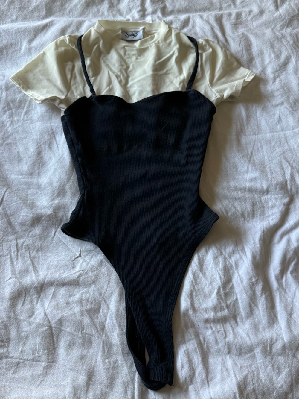 Vintage 80s Judy’s Black Ribbed Spaghetti-Strap Layered Bodysuit